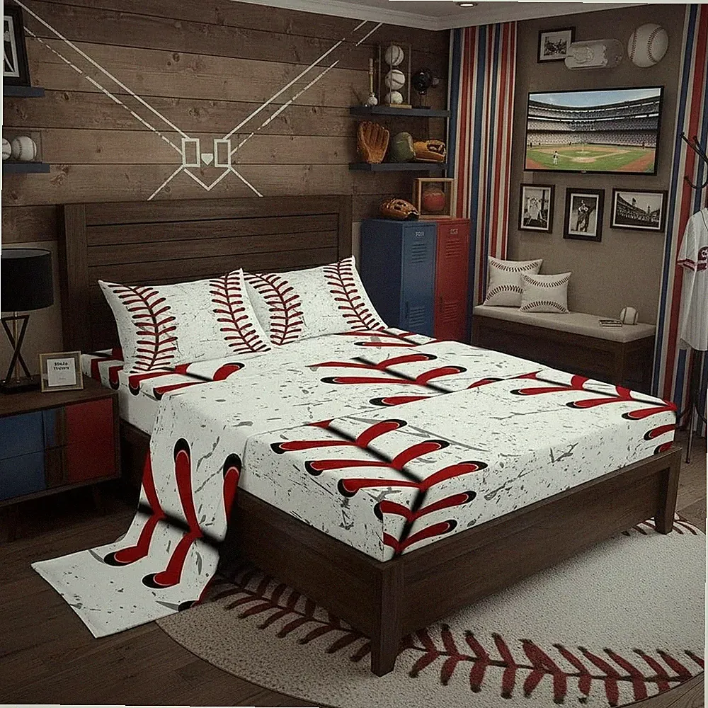 Baseball Bed Sheets for Boys,Red White Baseball Set for ,Grunge Print Bedding...