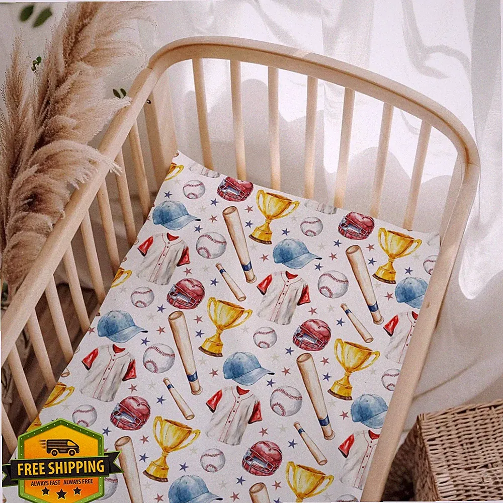 Baseball Hat Helmets Crib Sheet, 52x28", Breathable Sports Toddler