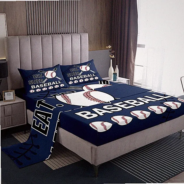 Baseball Printed Bed Sheets Full Size Green Eat Sleep Baseball Decorative She...