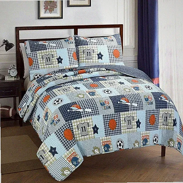 Blue Green Baseball Soccer Sports 3pc Quilt Set Twin Full Queen Coverlet Bedding