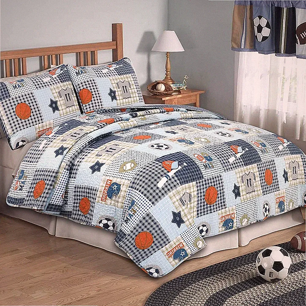 Blue Sports Baseball Basketball Reversible Quilt Set, Bedspreads, Coverlet