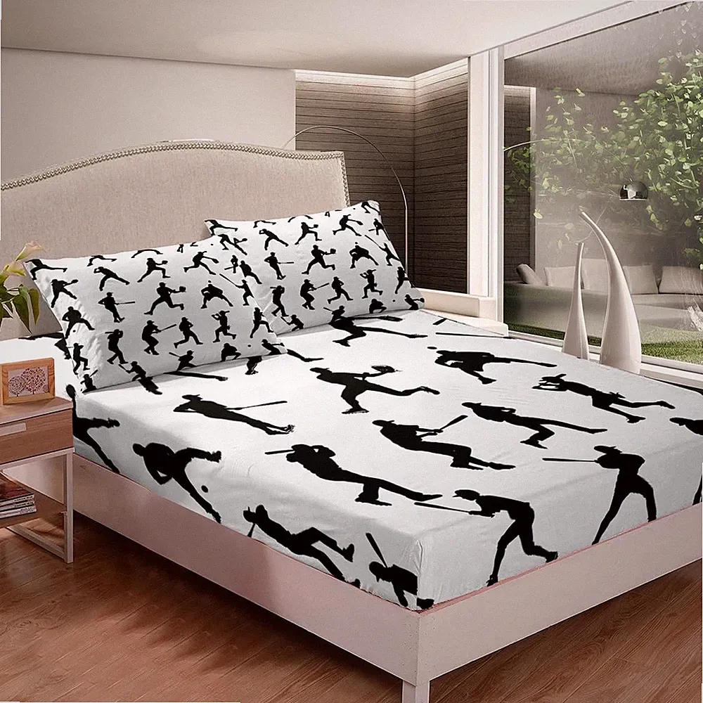 Boys Baseball Fitted Sports Theme Bedding Black White Bed Sheets Set for Chil...