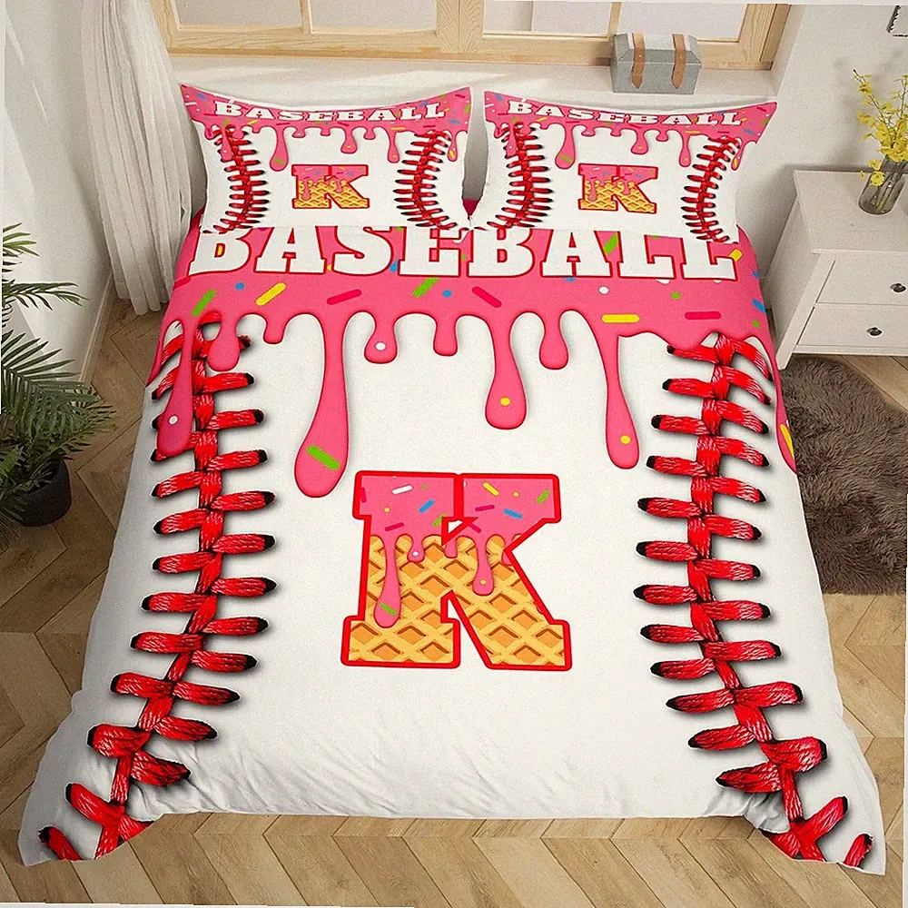 Custom Baseball Duvet Cover Personalized Initial K Bedding Set for Boys Girls...
