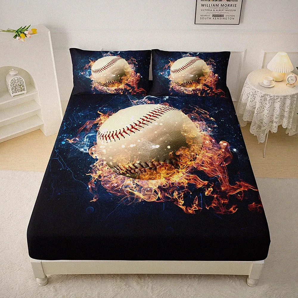 Flame Baseball Bed Sheets Full Size,Fire Print Bedding Set,4Pcs Sports Game D...
