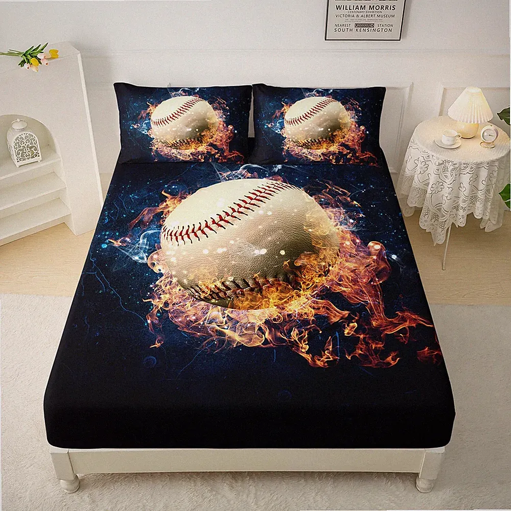 Flame Baseball Bed Sheets Queen Size,Fire Print Bedding Set,4Pcs Sports Game...