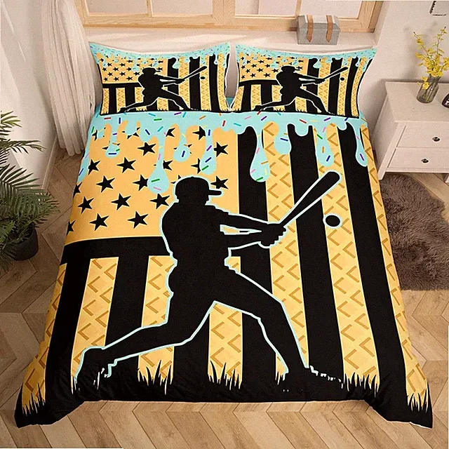 Kids Baseball Cream Bedding Set Full Size Baseball Gaming Duvet Cover For Boy...