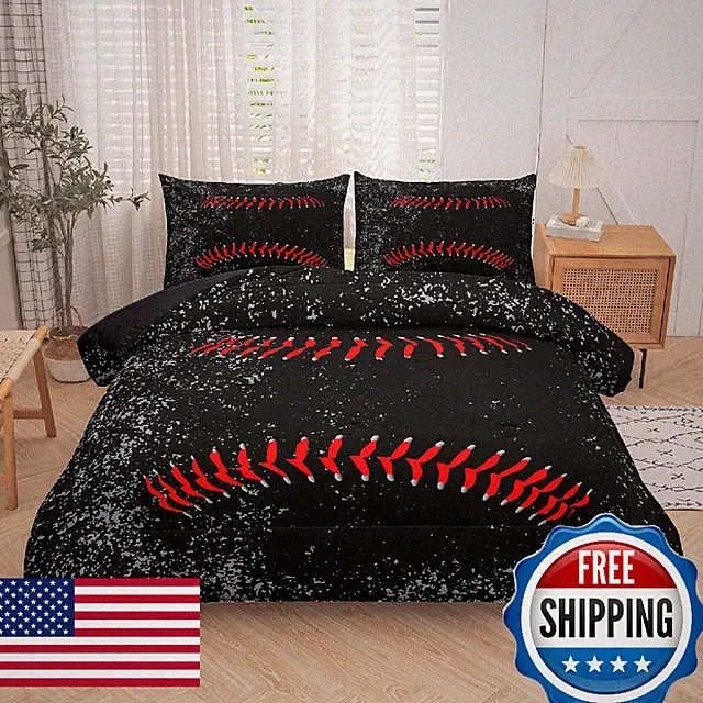 NINENINE Boys Baseball Bedding Twin Kids Sports Comforter Set 2 Pieces Black wit
