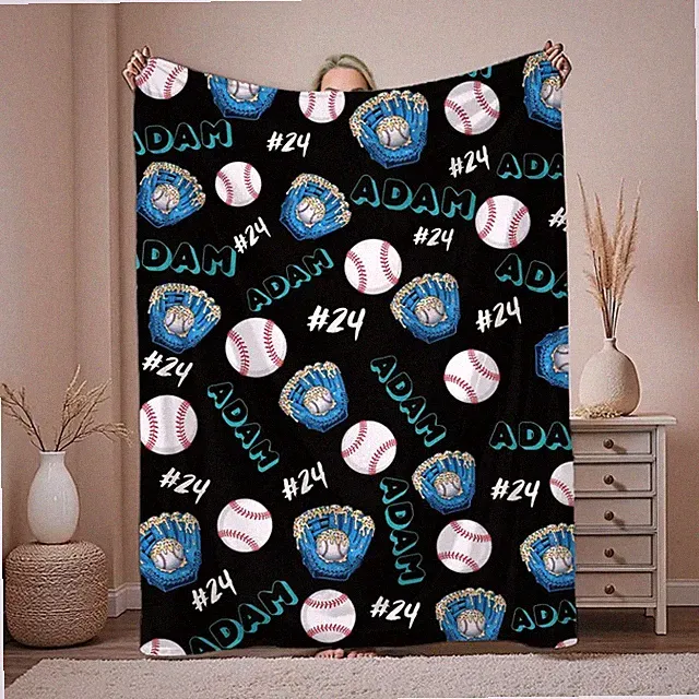 Personalized Baseball Blanket Custom Name Number Fan Gift Throw Soft