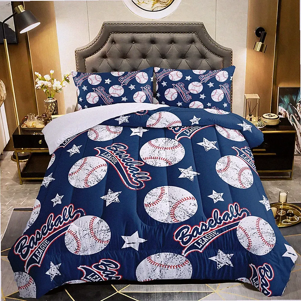 QOOMO 3D Baseballs Comforter Twin Size,Blue Baseball Kids Bedding Set,3Pcs Be...