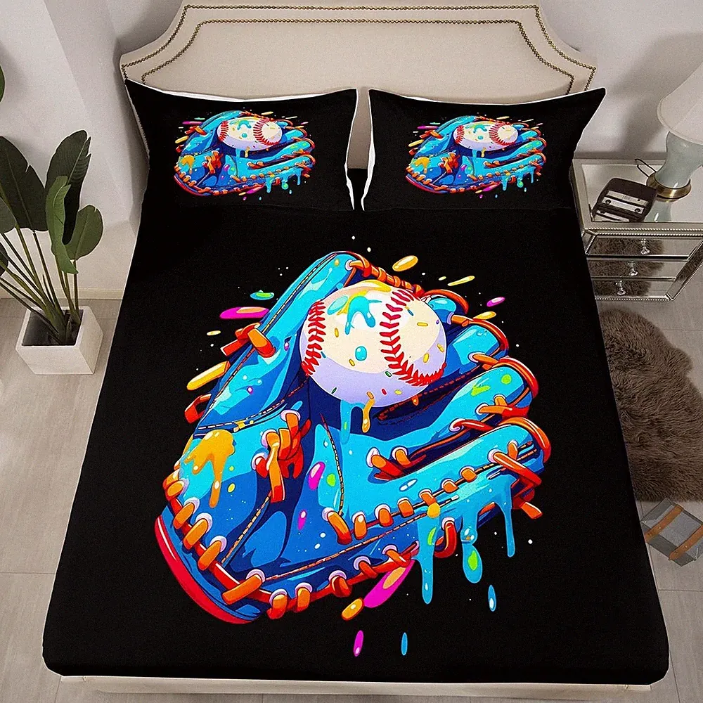 Twin Size Baseball Bed Sheets Set 16" Deep Pocket Boys Girls Baseball Ice Cre...
